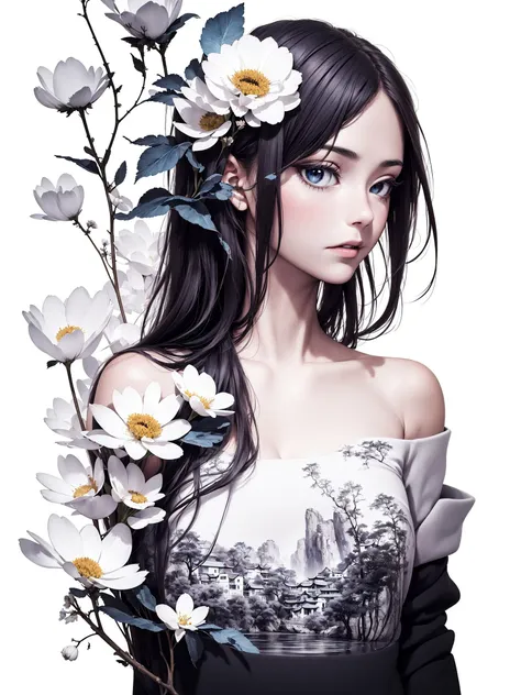 <lora:inklora:1>  ink ,scenery(masterpiece, best quality, highres), break
(1girl, long hair, floating, upper body, off shoulder), (white background, flower, scenery),