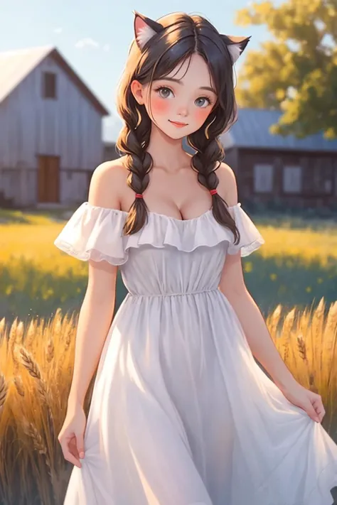 young 1girl with braided hair and fluffy cat ears, dressed in Off-Shoulder Sundress, standing in a rustic farm setting. She has a soft, gentle smile, expressive eyes and sexy cleavage. The background features a charming barn, fields of golden wheat, and a clear blue sky. The composition should be bathed in the warm, golden hour light, with a gentle depth of field and soft bokeh to accentuate the pastoral serenity. Capture the image as if it were taken on an old-school 35mm film for added charm, looking at viewer, <lora:chalklora:1>chalk_drawing