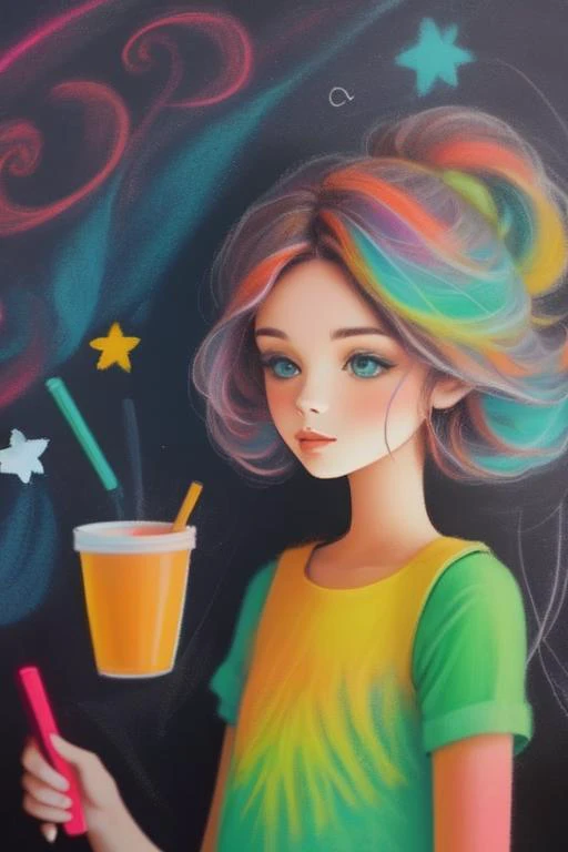 <lora:chalklora:1>chalk_drawingenergy flies out of the body, colorful background, style of Sam Guay