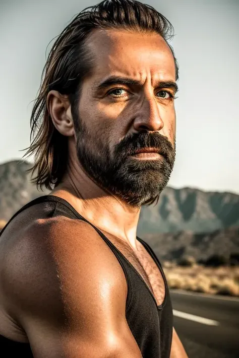 (Award Winning Photo:1.3) of (Masterpiece:1.3),(Sad:1.3) RAW photo, facial camera, apocalyptic scene, a man sits on a stone by the road, looks into the distance, dressed in black jeans and a dirty T-shirt, (high detailed skin:1.2), 8k uhd, dslr, soft lighting, high quality, film grain, Fujifilm XT3 <lora:peter_stormare:0.8>,Highly Detailed,(Agfacolor:1.3),(close portrait:1.3),(Masculine:1.4),attractive,handsome,calendar pose,perfectly detailed eyes,studio lighting,thematic background