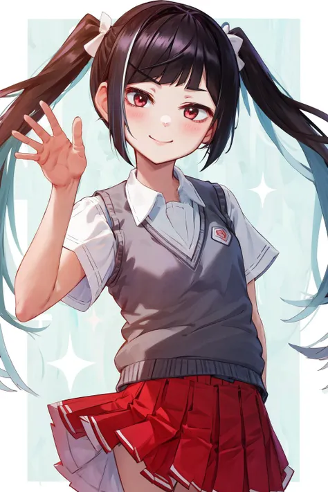 masterpiece, best quality, highres, 1girl yuki himeno twintails, red skirt sweater vest short sleeves <lora:yuki_himeno:1> standing, looking at viewer, smile, waving