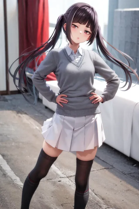 masterpiece, best quality, highres, 1girl yuki himeno twintails, white skirt sweater, black kneehighs <lora:yuki_himeno:1> standing, hand on hip