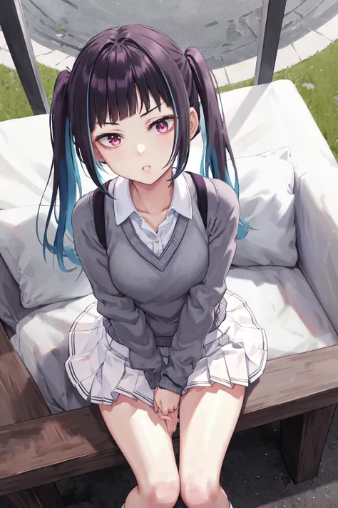 masterpiece, best quality, highres, 1girl yuki himeno twintails, white skirt sweater <lora:yuki_himeno:1> sitting, crossed legs, from above, arm support, looking at viewer