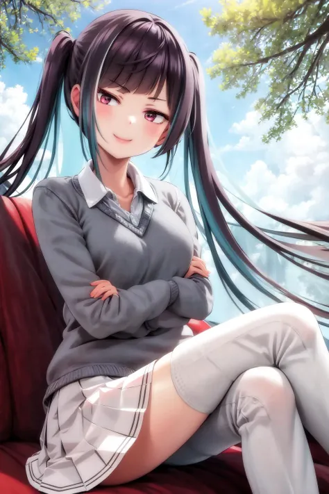 masterpiece, best quality, highres, 1girl yuki himeno twintails, white skirt sweater <lora:yuki_himeno:1> sitting, crossed legs, smile