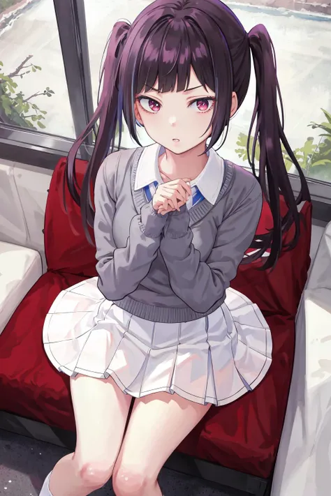 masterpiece, best quality, highres, 1girl yuki himeno twintails, white skirt sweater <lora:yuki_himeno:1> sitting, crossed legs, from above, looking at viewer