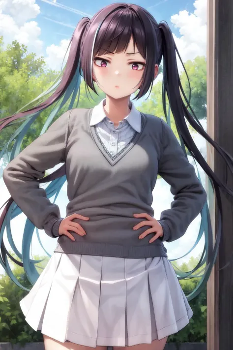 masterpiece, best quality, highres, 1girl yuki himeno twintails, white skirt sweater <lora:yuki_himeno:1> standing, hand on hip