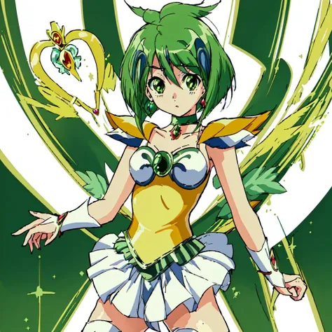 <lora:Hinagiku_Tamano:1>masterpeace,high quality,Hinagiku_Tamano, 1girl, solo, short hair, skirt, jewelry, green hair, choker, magical girl, bridal garter
