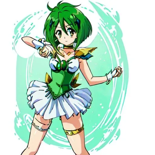 <lora:Hinagiku_Tamano:1>Hinagiku_Tamano, 1girl, solo, short hair, skirt, jewelry, standing, full body, green hair, choker, thigh strap, magical girl, bridal garter