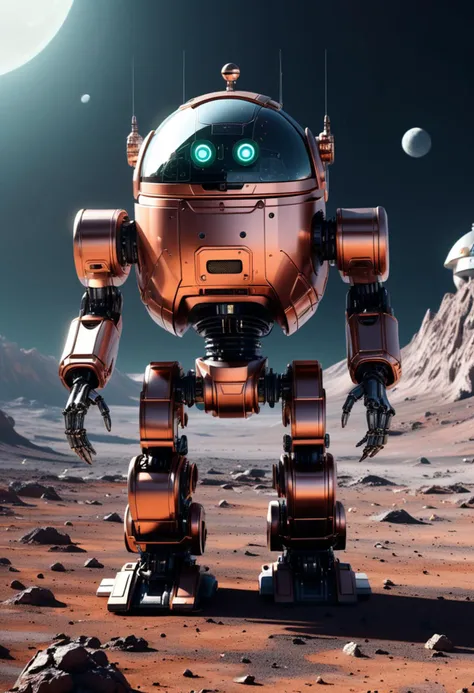 (medium full shot) of (robust robot), copper versatile modular system, helmet with thermal imaging, cybernetic enhancements, set in a space outpost, on a distant moon, with high-tech facilities, robotic systems, advanced research stations , during the day, ,Masterpiece,best quality, raw photo, realistic, very aesthetic