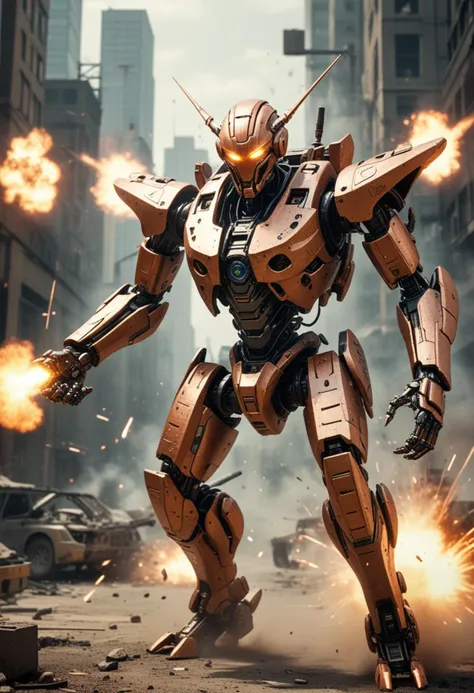 (medium full shot) of (advanced robot), copper insectoid form, integrated HUD, power boosters, set in  an intense combat area, with explosions, high-tech weaponry, strategic positions, during the day, Masterpiece,best quality, photo, realistic, very aesthetic, detailed face,