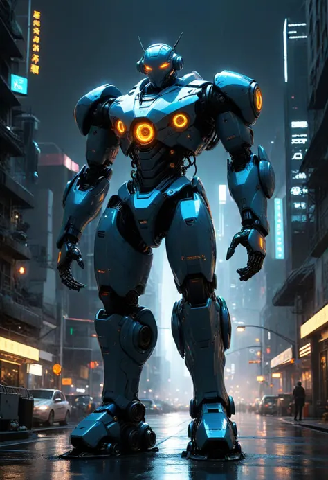 (medium full shot) of (powerful robot), blue reinforced chassis, precision tools, piston-driven legs, antennae, antennas, set in  a modern city, featuring advanced architecture, automated systems, sleek public spaces, at night, ,Masterpiece,best quality, photo, realistic, very aesthetic, dark