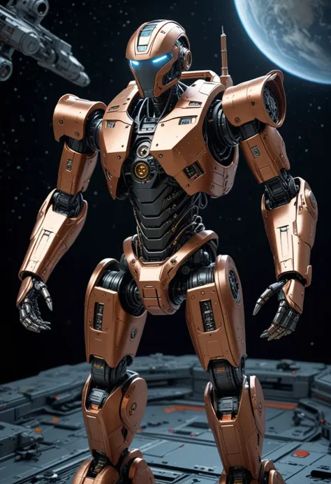 (medium full shot) of (advanced robot), copper hydraulic limbs, grappling hooks, shock absorbers, neural interface, external armor plating, set in  a starship, journeying through the stars, with advanced navigation systems, high-tech equipment, a robotic crew , at night, Masterpiece,best quality, photo, realistic, very aesthetic, detailed face,