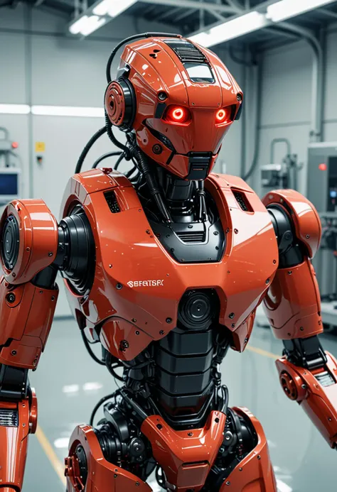 (medium full shot) of (sleek robot), red aquatic adaptation, visor with thermal imaging, sensor arrays, set in  an advanced manufacturing plant, with sleek machinery, bright lights, efficient production units, during the day, ,Masterpiece,best quality, photo, realistic, very aesthetic, detailed face,