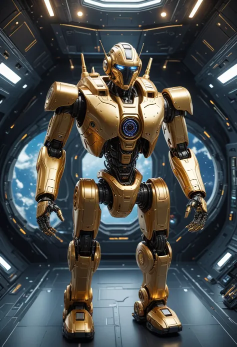 (medium full shot) of (robust robot), gold aerial drone configuration, integrated HUD, antennas, set in  a futuristic spacecraft, traveling through the cosmos, equipped with high-tech systems and robotic crew members , during the day, Masterpiece,best quality, photo, realistic, very aesthetic, detailed face,