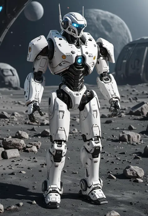 (medium full shot) of (intelligent robot), white armored plating, multi-functional appendages, magnetized feet, visor with augmented reality display, power cores, set in  a space outpost, on a distant moon, with high-tech facilities, robotic systems, advanced research stations , during the day, ,Masterpiece,best quality, photo, realistic, very aesthetic