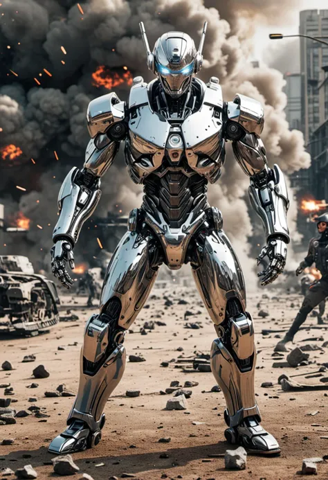 (medium full shot) of (futuristic robot), chrome humanoid design, communication module, antennas, set in  an intense combat area, with explosions, high-tech weaponry, strategic positions, during the day, ,Masterpiece,best quality, photo, realistic, very aesthetic