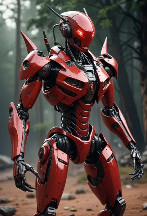 (medium full shot) of (sleek robot), red insectoid form, integrated HUD, power boosters, set in  a futuristic warzone, with energy shields, battle drones, advanced military technology, Masterpiece,best quality, photo, realistic, very aesthetic, detailed face,