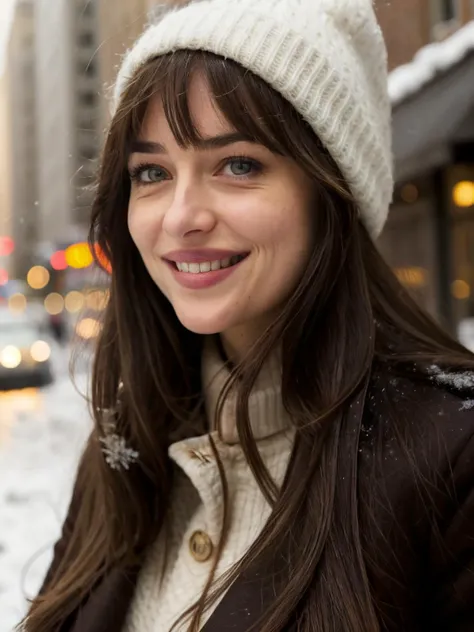 dkjt,long hair with bangs,close-up,smile,masterpiece,snow,city street,bokeh,dof,highly detailed,soft lighting,volumetric lighting,film grain,cinematic