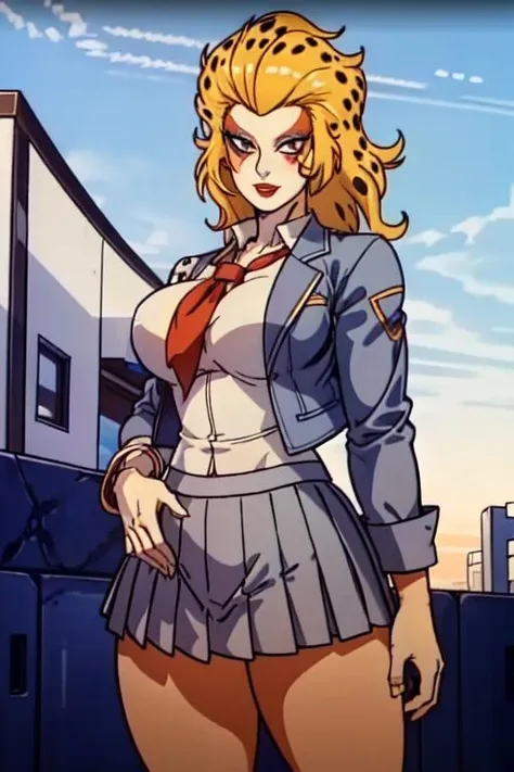 cheetarahot, red lips, blonde, school uniform, serafuku, grey jacket, pleated skirt, grey skirt, muscular , strong, wide hips, thick thighs, curvy ,<lora:cheetarahot-new:0.8>