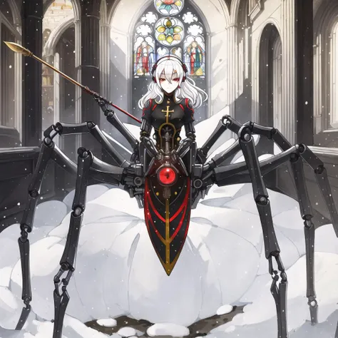 <lora:arachne-1_arachne-2--retro_ham_avas_jun_rifl--09-01:1.2>, 

(arachne:1.2),

 full body, 

((android)), (detailed black clothes:0.9), (mechanical limbs:1.2225), white hair, red eyes, mechanical parts,holding spear, cybernetic imlants, (beautiful detailed eyes:1.05), (best quality:1.1025), (masterpiece:1.1025), (ultra-detailed:1.1025), detailed, sharp, (illustration:1.05), (detailed light:1.05), (an extremely delicate and beautiful:1.05), ((world masterpiece)),((illustration)), (monastery background), church ruins, [snow], Stained glass, cyberpunk