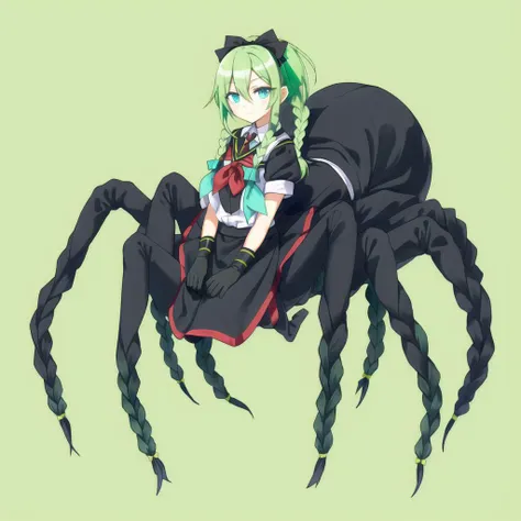 <lora:arachne-1_arachne-2--retro_ham_avas_jun_rifl--09-01:1.1>, 

(arachne:1.2),

 full body, 

1girl, bangs, black gloves, black ribbon, black serafuku, blue eyes, braid, elbow gloves, gloves, green hair, green neckerchief, hair between eyes, hair flaps, hair ribbon, neckerchief, parted bangs, ponytail, ribbon, school uniform, serafuku, side braids, sidelocks, solo, twin braids, upper body, wrist cuffs