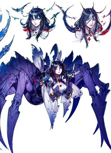 ((best quality)), ((highly detailed)), masterpiece, absurdres, detailed face, beautiful face, (detailed eyes, deep eyes), (1girl), top view, upper body, <lora:hairdetailer:.9>, <lora:aiomonstergirls_loraLocon:.6>, <lora:animeArachne_v10:1>, (arachne), arthropod limbs, spider, extra eyes, straight hair, blunt hair, silky hair, black hair, (at a mangrove_forest, dawn), <lora:Final_Fantasy_Logo_style:1>, white background