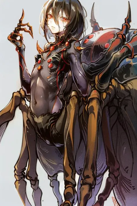 (arachne:1.5), (arthropod limbs:1.2), (spider legs:1.2), (1boy:1.4) (male focus:1.2), (solo), adult male, black hair, (bob cutc:1.3), straight hair,(hair between eyes:1.2) fair skin, (GS-Masculine:1) <lora:arachne-1_arachne-2--retro_ham_avas_jun_rifl--09-01:1.2>, yoshitaka amano character design, style by NTY, lily, morbid, solo <lora:PsychoMode:0.7>
