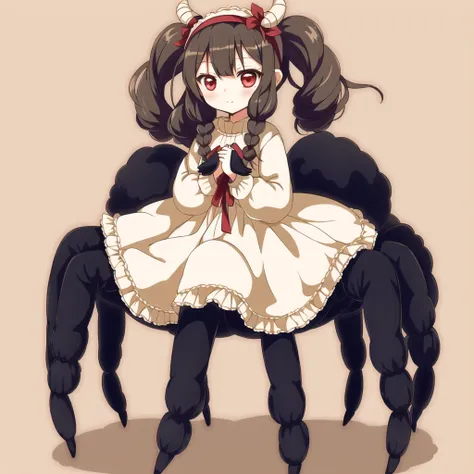 <lora:arachne-1_arachne-2--retro_ham_avas_jun_rifl--09-01:1.0>,
(arachne:1.0),
full body,
1girl, :<, :3, ahoge, bangs, beige background, black hair, closed mouth, cowboy shot, dress, eyebrows visible through hair, frills, hairband, holding, long hair, long sleeves, looking at viewer, low twintails, naru \(ul\), red eyes, sheep, sidelocks, simple background, solo, stuffed animal, stuffed sheep, stuffed toy, twintails, white dress