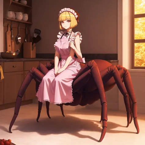 <lora:arachne-1_arachne-2--retro_ham_avas_jun_rifl--09-01:1.0>,
(arachne:1.1),
full body,
(realistic:0.9), masterpiece, 4k, (high detailed:0.9), (perfect face:0.8), (beautiful eyes:0.5), 1girl, blonde hair, blunt bangs, in kitchen, pink apron on the naked body