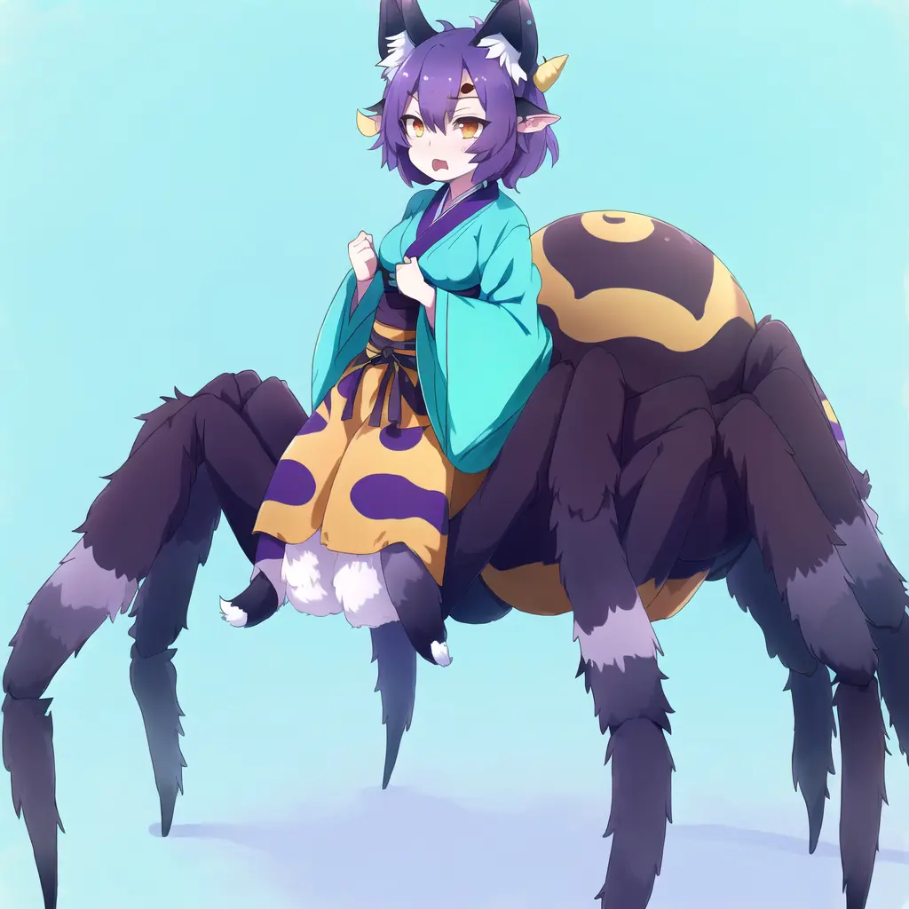 <lora:arachne-1_arachne-2--retro_ham_avas_jun_rifl--09-01:1.0>, 

(arachne:1.2),

 full body, 


masterpiece, best quality, 

1girl, animal ear fluff, animal ears, 

bumblebee eyes, 

messy hairstyle, 

turquoise 

 panda kimono,

tanuki ears, highres, looking at viewer, angry mouth,  short eyebrows , solo, standing, thick eyebrows, upper body,  purple shirt, from below, horns,