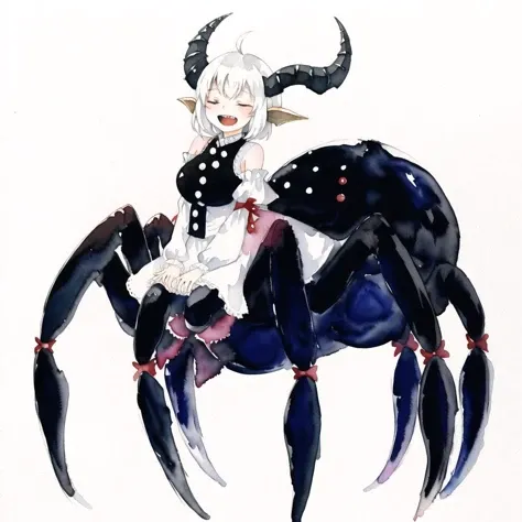 <lora:arachne-1_arachne-2--retro_ham_avas_jun_rifl--09-01:1.0>,
(arachne:1.0),
full body,
1girl, arms under breasts, black horns, buttons, closed eyes, demon girl, horns, limited palette, open mouth, painting \(medium\), sharp teeth, short hair, smile, teeth, traditional media, watercolor \(medium\), white background, white hair
