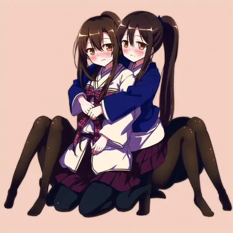 <lora:arachne-1_arachne-2--retro_ham_avas_jun_rifl--09-01:1.0>,
(arachne:1.0),
full body,
1girl, blush, brown hair, hug, hug from behind, japanese clothes, long hair, multiple girls, school uniform, side ponytail, yuri