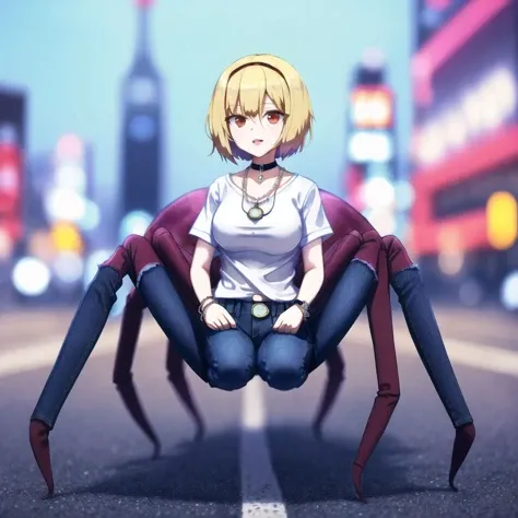 <lora:arachne-1_arachne-2--retro_ham_avas_jun_rifl--09-01:1.3>,
(arachne:1.3),
full body,
blurry, blurry background, blurry foreground, depth of field, photo \(medium\), photo background, jeans, denim, city, building, 1girl, motion blur, cosplay photo, street, skyscraper, outdoors, photo inset, pants, town, road, watch, stadium, necklace, hands on hips, hand on hip, bracelet, day, wristwatch, people, reference inset, jewelry, solo, choker, blonde hair, wristband, , tokyo \(city\), short hair, casual, bokeh, lips, shirt, looking at viewer, t-shirt, blue pants