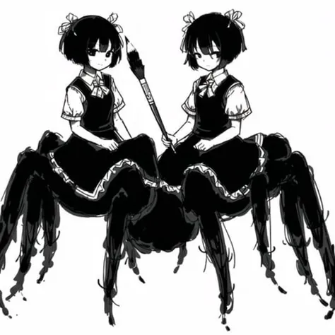 <lora:arachne-1_arachne-2--retro_ham_avas_jun_rifl--09-01:1.0>,
(arachne:1.0),
full body,
2girls, calligraphy, calligraphy brush, comic, doyagao, looking at viewer, monochrome, multiple girls, paintbrush, school uniform, short hair, simple background, smug, solid circle eyes