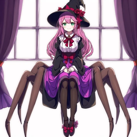 <lora:arachne-1_arachne-2--retro_ham_avas_jun_rifl--09-01:1.2>,
(arachne:1.2),
full body,
1girl, bangs, black pantyhose, book, bow, broom, cauldron, closed mouth, dress, english commentary, eyebrows hidden by hair, flower, green eyes, hat, hat bow, highres, korean text, long hair, long sleeves, looking at viewer, menna \(0012\), nail polish, open book, pantyhose, pink flower, pink hair, pink nails, purple dress, purple headwear, red bow, red flower, sitting, sitting in window, sleeves past wrists, smile, solo, very long hair, white dress, white flower, wide sleeves, witch hat