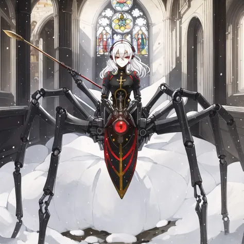 <lora:arachne-1_arachne-2--retro_ham_avas_jun_rifl--09-01:1.2>, 

(arachne:1.2),

 full body, 

((android)), (detailed black clothes:0.9), (mechanical limbs:1.2225), white hair, red eyes, mechanical parts,holding spear, cybernetic imlants, (beautiful detailed eyes:1.05), (best quality:1.1025), (masterpiece:1.1025), (ultra-detailed:1.1025), detailed, sharp, (illustration:1.05), (detailed light:1.05), (an extremely delicate and beautiful:1.05), ((world masterpiece)),((illustration)), (monastery background), church ruins, [snow], Stained glass, cyberpunk