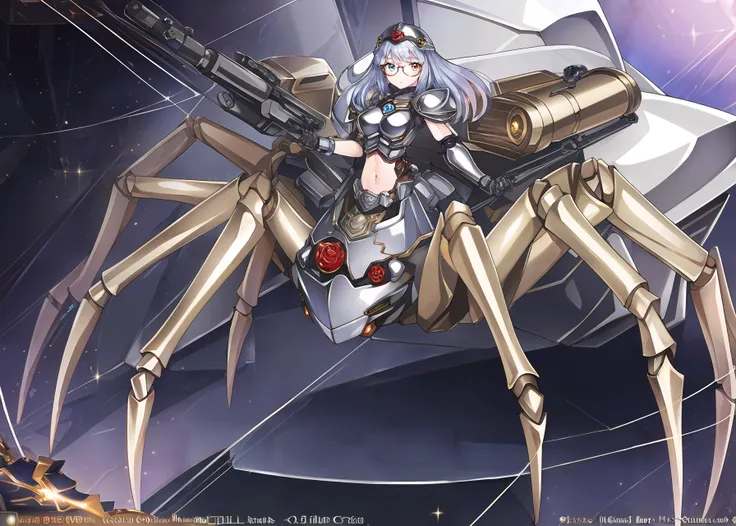 ((best quality)), ((highly detailed)), masterpiece, ((official art)), (detailed eyes, deep eyes), (1girl:1.33, solo), full body, (glasses), heterochromia, <lora:animeArachne_v10:1>, (arachne), arthropod limbs, spider, extra eyes, ((robot_girl)), robot limbs, robot body, (rose_gold_(material)), mechanization, (metallic skin:1.33), lights, LEDs, wires, cables, shiny skin, doll-like joints, (metallic hair:1.3), (motorcycle helmet, covered face, face hidden, armor, holding a gun