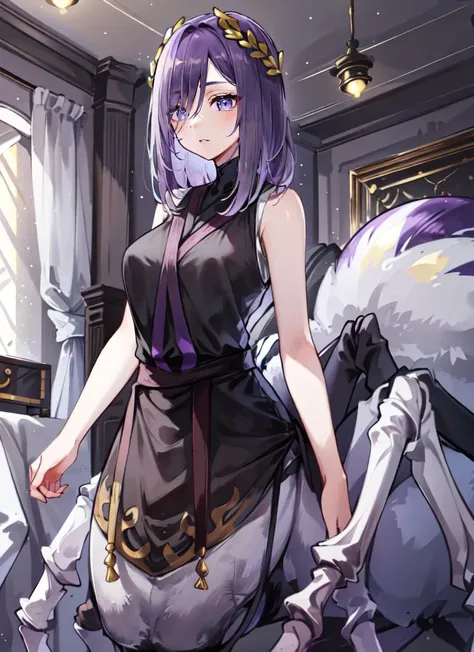 ((best quality)), ((highly detailed)), masterpiece, absurdres, (detailed eyes, deep eyes), (1girl), dynamic angle, upper body, <lora:RomanClothes:1>, ancient roman clothes, sleeveless, <lora:aiomonstergirls_loraLocon:.4>, <lora:animeArachne_v10:1>, (arachne), arthropod limbs, spider, extra eyes, giant spiderwebs, straight hair, blunt hair, silky hair, purple hair, (indoors, at a living room)