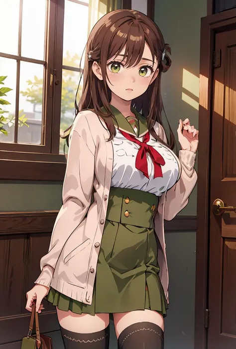 (masterpiece, best quality), 1girl, <lora:wakasayuri_4:0.8> yuri_wakasa, brown hair, green eyes, long hair, hair clip, cardigan, large breasts, black thighhighs