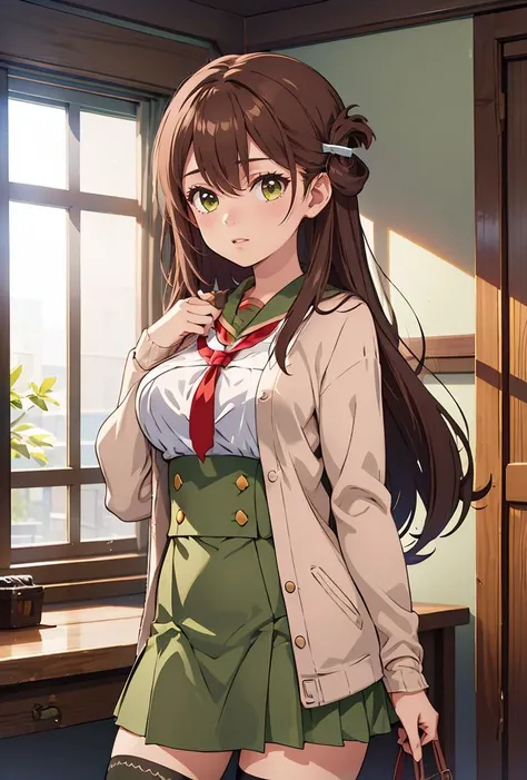 (masterpiece, best quality), 1girl, <lora:wakasayuri_4:0.8> yuri_wakasa, brown hair, green eyes, long hair, hair clip, cardigan, large breasts, black thighhighs