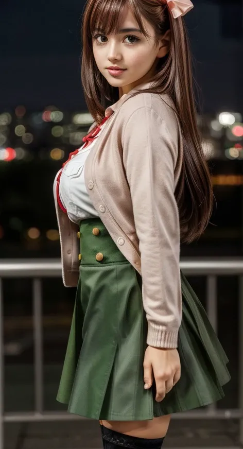 <lora:wakasayuri:0.9> yuri_wakasa, brown hair, green eyes, long hair, hair ornament, cardigan, serafuku, ribbon, gigantic breasts, black thighhighs, (school uniform:1.1), pleated skirt, green skirt, dynamic pose, extremely photogenic girl, blush, textured skin, hourglass figure, (photorealistic:1.2), (warm colors, 8k, high quality, shot on Fujifilm X-T4, 85mm f1.2), <lora:epiCRealismHelper:0.99>, <lora:add_detail:0.8>, <lora:breastsizeslideroffset:0.4>, <lora:Sagging Breasts v1:1.5> sagging breasts, evening city lights, city buildings
