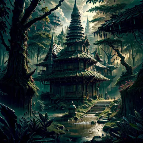 Quality Tags: (ultra detailed 8k cg:1.5), (masterpiece:1.5), (best quality:1.4), (PIXIV:0.3), high quality, absurdres, beautiful, complex, intricate, detailed background, complex background, cinematic, ultra highly detailed, tiny details, beautiful details, delicate pattern, super fine concept art, luminism, vibrant colors, rich deep colors, centered, symmetry BREAK Feature Tags: Mysterious Bog, Starry Night BREAK Theme Tags: <lora:Dra9onScaleAI:0.5>, <lora:AlchemyPunkAI:0.5> BREAK Lens Tags: (backlight:0.4), (dynamic lighting:1.2), dramatic lighting, rim lighting, volumetric lighting, depth of field, sharp focus, foreshortening, astrophotography BREAK Artstyle Tags: fantasy landscape, mystical, adorable, fairytale, storybook detailed illustration, ink outline, art in the style of Larian Studios,Jessica Rossier,Hironobu Sakaguchi, fog, mountains, water, asian rainforest jungle, sky, temple, (no humans:1.5), <lora:add_detail:0.5>, <lora:more_details:0.5>, <lora:realistic:1>, <lora:Elixir:1>, <lora:Better_Nature_v1:0.3>, <lora:BG2_dpep4+silicon29dim64:1.7>