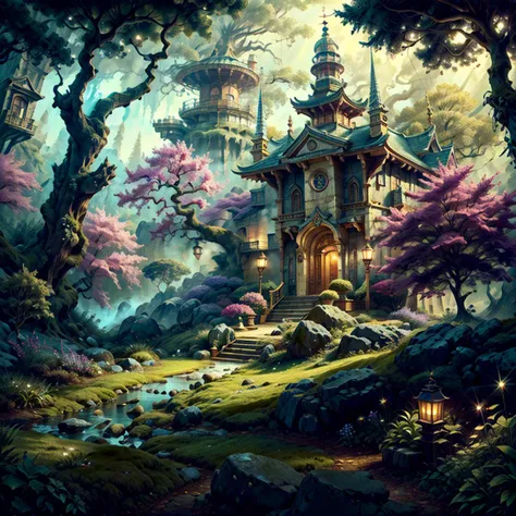 Quality Tags: (ultra detailed 8k cg:1.5), (masterpiece:1.5), (best quality:1.4), high quality, absurdres, beautiful, complex, intricate, detailed background, complex background, cinematic, ultra highly detailed, tiny details, beautiful details, luminism, vibrant colors, rich deep colors, centered, symmetry BREAK Feature Tags: Misty Highlands, Quantum Shadows BREAK Theme Tags: <lora:DwemerTech-21:0.5>, <lora:FairyTaleAI:0.5> BREAK Lens Tags: dramatic lighting, rim lighting, volumetric lighting, depth of field, sharp focus, foreshortening, astrophotography  BREAK Artstyle Tags: fantasy landscape, mystical, adorable, fairytale, storybook detailed illustration, ink outline, art in the style of Caspar David Friedrich,Jorge Jacinto,Samwise Didier, fog, mountains, water, asian rainforest jungle, sky, temple, no humans, <lora:add_detail:0.5>, <lora:more_details:0.5>, <lora:realistic:1>, <lora:Elixir:1>, <lora:Better_Nature_v1:0.3>, fantasy, tree, Medieval fantasy world, Moonlight at night, wilderness, night, <lora:Night:0.25>