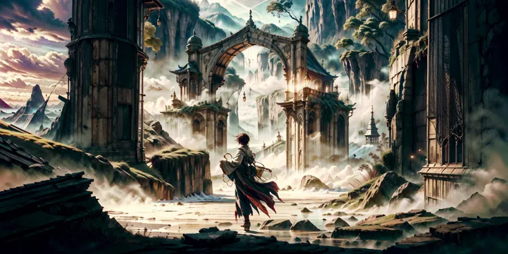 Quality Tags: (ultra detailed 8k cg:1.5), (masterpiece:1.5), (best quality:1.4), high quality, absurdres, beautiful, complex, intricate, detailed background, complex background, cinematic, ultra highly detailed, tiny details, beautiful details, luminism, vibrant colors, rich deep colors, centered, symmetry BREAK Feature Tags: Rose Gold, Canyon, Virtual Sunshine BREAK Theme Tags: <lora:AlchemyPunkAI:0.5>, <lora:GlyphTech-20:0.5> BREAK Lens Tags: dramatic lighting, rim lighting, volumetric lighting, depth of field, sharp focus, foreshortening, astrophotography BREAK Artstyle Tags: fantasy landscape, mystical, adorable, fairytale, storybook detailed illustration, ink outline, art in the style of Makoto Shinkai,Hiroshi Yoshida,Jordan Grimmer, fog, mountains, asian rainforest jungle, sky, temple, <lora:add_detail:0.5>, <lora:more_details:0.5>, <lora:realistic:1>, <lora:Elixir:1>