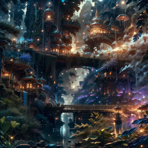 Quality Tags: (ultra detailed 8k cg:1.5), (masterpiece:1.5), (best quality:1.4), high quality, absurdres, beautiful, complex, intricate, detailed background, complex background, cinematic, ultra highly detailed, tiny details, beautiful details, luminism, vibrant colors, rich deep colors, centered, symmetry BREAK Feature Tags: Foggy Harbor, Fog BREAK Theme Tags: <lora:DwemerTech-21:0.5>, <lora:[LoRA] Jellyfish forest:0.5> BREAK Lens Tags: dramatic lighting, rim lighting, volumetric lighting, depth of field, sharp focus, foreshortening, astrophotography  BREAK Artstyle Tags: fantasy landscape, mystical, adorable, fairytale, storybook detailed illustration, ink outline, art in the style of Ferdinand Knab,Jessica Rossier,Michael Dougherty, fog, mountains, water, asian rainforest jungle, sky, temple, no humans, <lora:add_detail:0.5>, <lora:more_details:0.5>, <lora:realistic:1>, <lora:Elixir:1>, <lora:Better_Nature_v1:0.3>, Night scene <lora:Night scene_20230715120543:1>