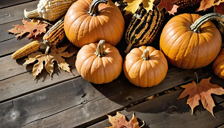 (masterpiece, best quality, highres, realistic), photo by Melissa Stemmer, Autumn still life with pumpkins, corncobs and leaves on wooden background, <lora:melissa-stemmer:1>
