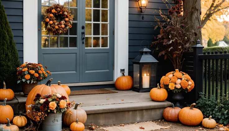 (masterpiece, best quality, highres, realistic), photo by Melissa Stemmer, vintage garden decoration with autumn flowers in backyard, pumpkins and lantern, copy space, design template, minimalistic, <lora:melissa-stemmer:1>