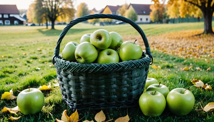 (masterpiece, best quality, highres, realistic), photo by Melissa Stemmer, Green apples in wiched basket on green grass in autumn season in village, Poland, copy space, design template, <lora:melissa-stemmer:1>