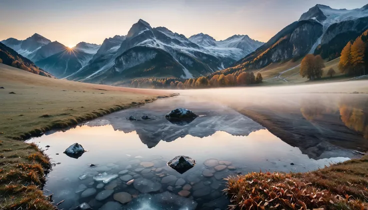 (masterpiece, best quality, highres, realistic), photo by Melissa Stemmer, Autumn alpine pasture at sunrise, frozen water with reflection, Tennengebirge, Hochkeil, Muehlbach am Hochkoenig, Pongau, copy space, design template, <lora:melissa-stemmer:1>