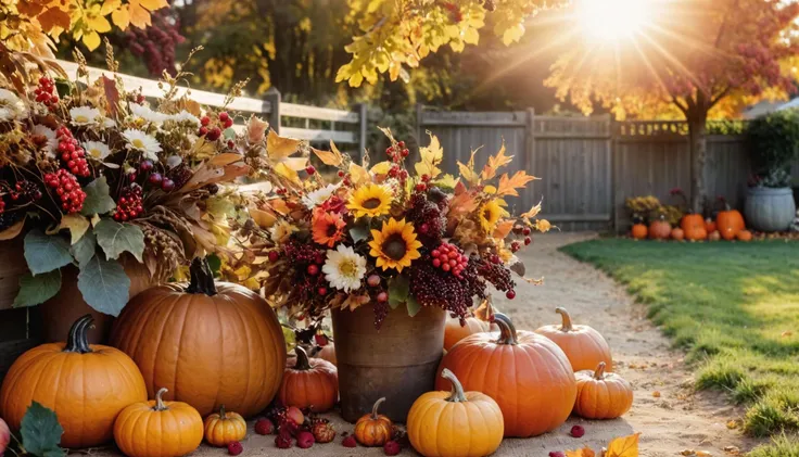 (masterpiece, best quality, highres, realistic), photo by Melissa Stemmer, beautiful autumn decor with flowers, berries, pumpkins in garden, natural abstract sunny background. summer or autumn season. rustic composition with flowers. copy space. template for design, <lora:melissa-stemmer-1.0:1>